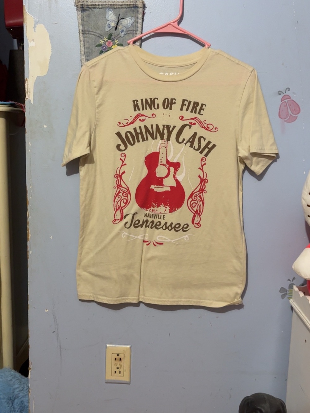 Johnny Cash Ring of Fire Graphic Tee - Beige with Red Print